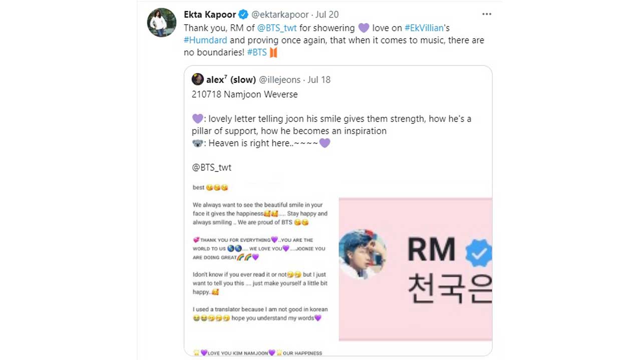 An Indian BTS ARMY dedicates Ek Villain’s ‘Humdard’  to Bangtan leader RM; South Korean rapper responds!