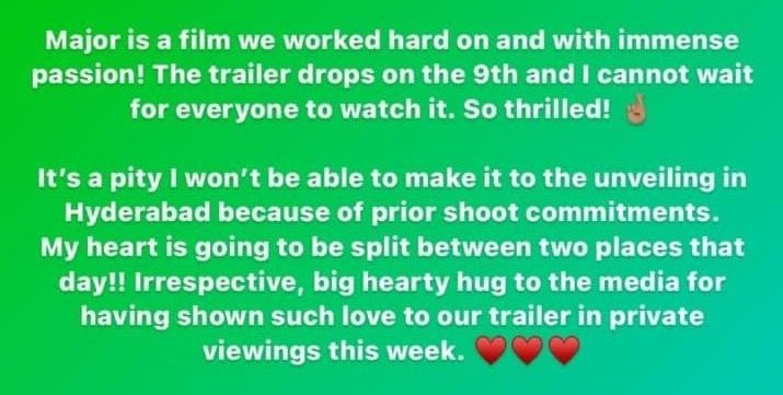 ‘Major’ actor Sobhita Dhulipala won’t be attending the trailer launch event as she is shooting for another project!