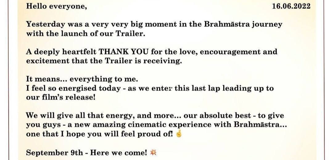 Ayan Mukherjee posts after Brahmāstra Part One : Shiva’s trailer is highly appreciated!